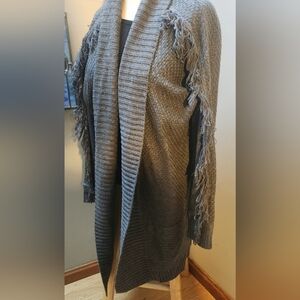 Fringed Long Gray Knit Cardigan-size large